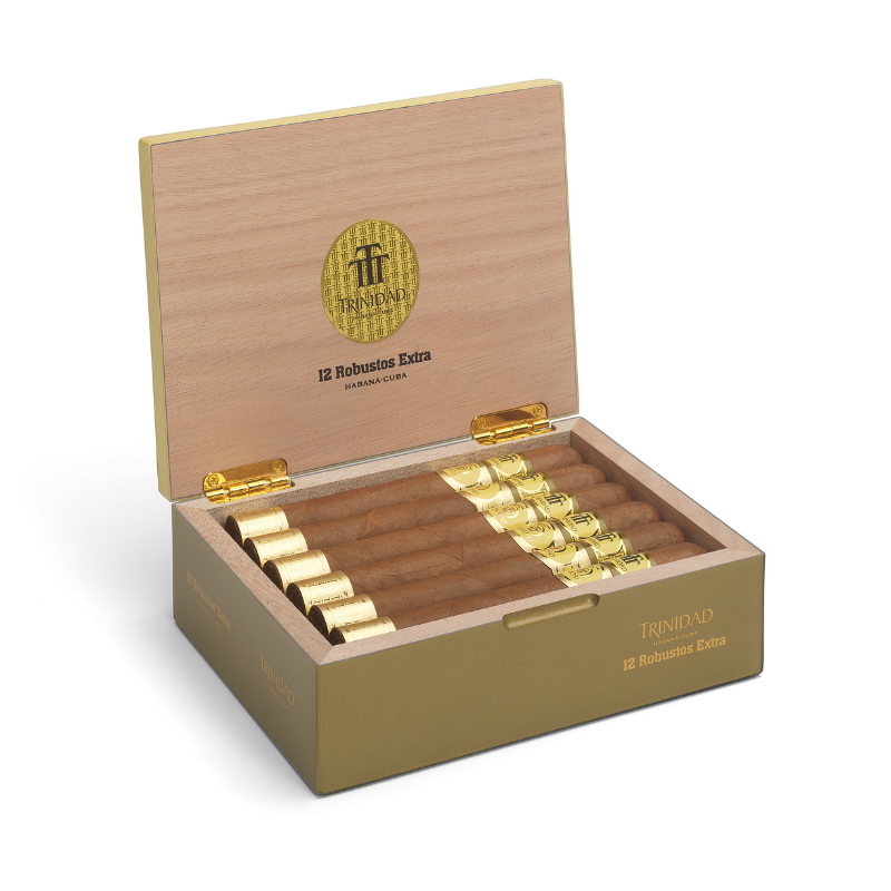 Trinidad Robustos Extra cigars in a wooden box on a white background