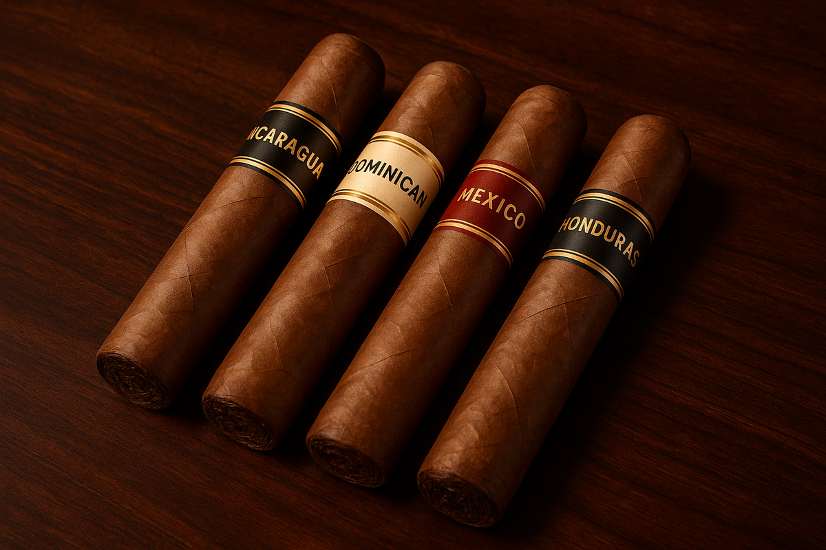 I want 4 robusto size cigars with the labels reading Nicaragua, Dominican, Mexico, Honduras on a rich wooden table